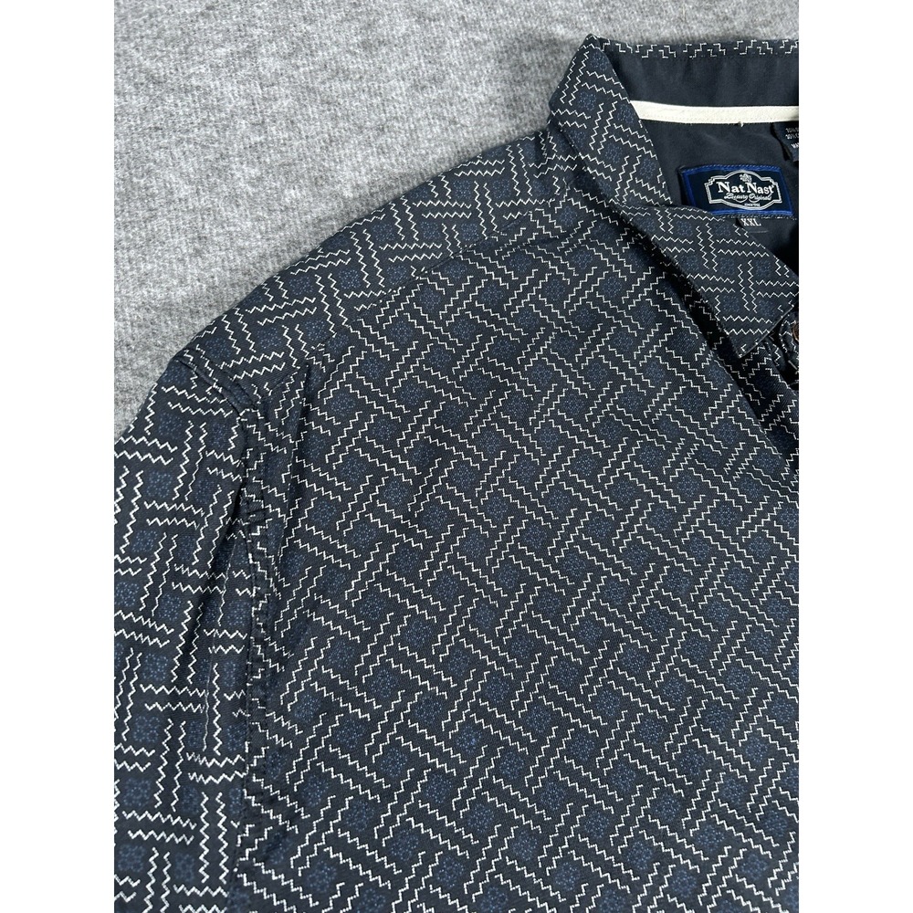 Nat Nast Mens XXL Button Down Shirt Blue Geometric‎ Silk Cotton Short Sleeve New